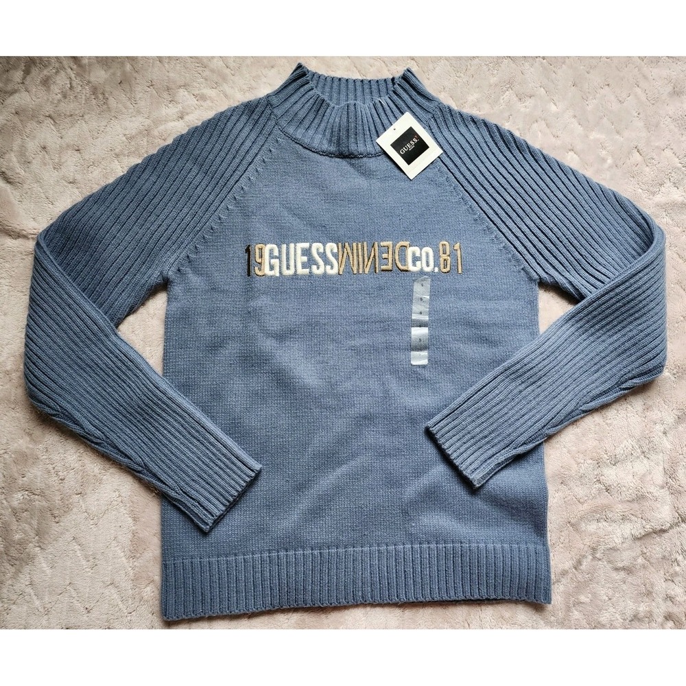 Vintage 90s Guess Jeans Mens Blue Gray Mock Neck Logo Sweater Small NWT